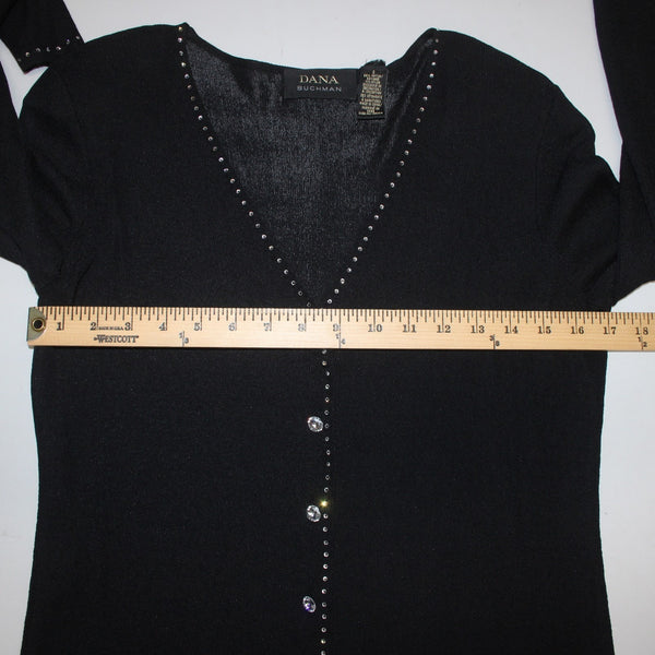 Dana Buchman Cardigan Sweater Sz S Black Rhinestones Rayon Nylon Sweater