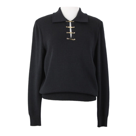 St John Collection Sz S Black Gold Hardware Collared Santana Knit AS IS Sweater