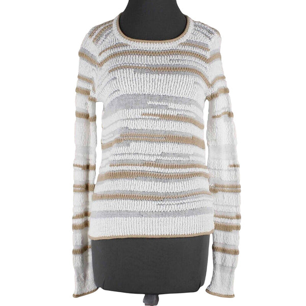 Ana Petite Top Sz PS White Gold Open Knit Striped Cotton Other Fibers Sweater