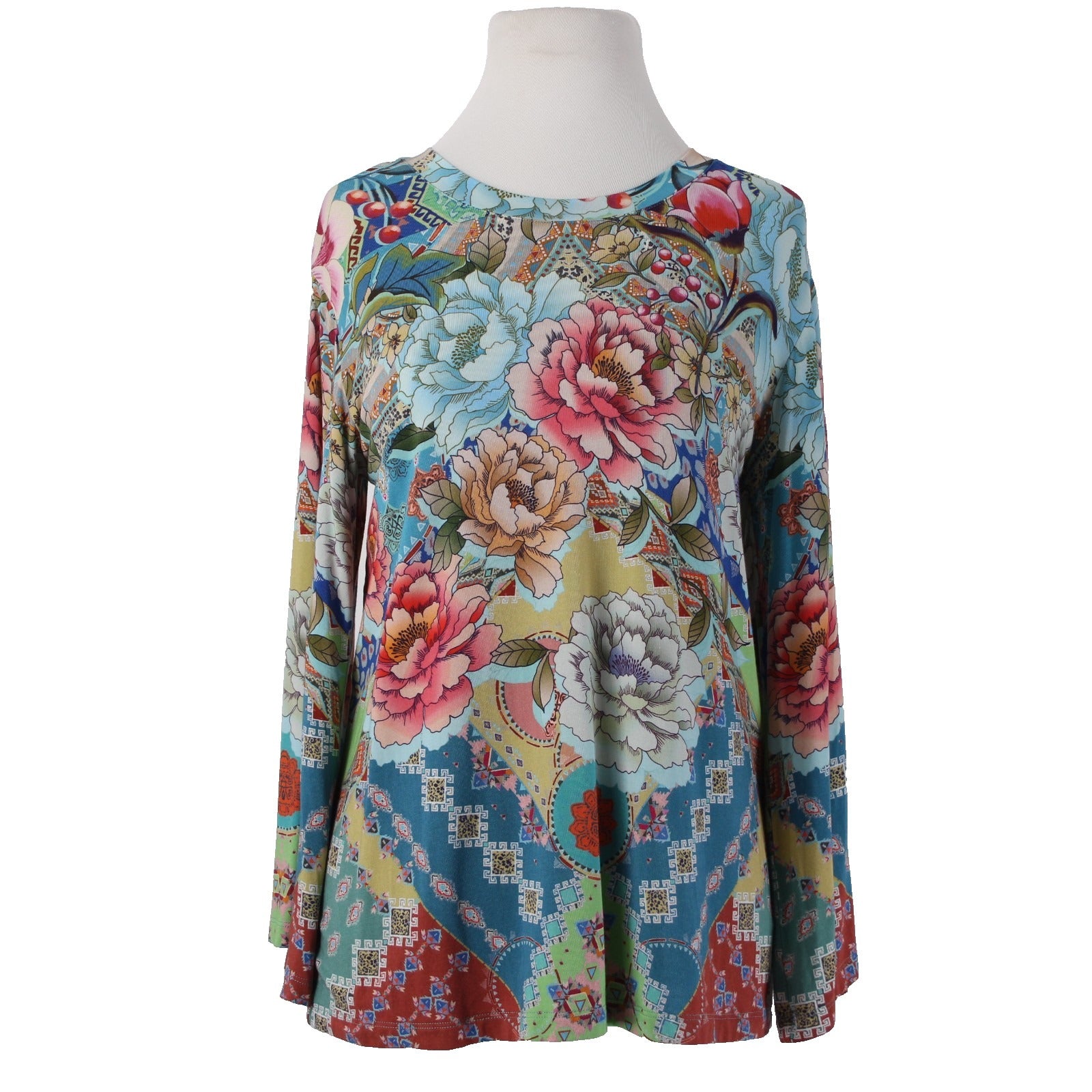 Johnny Was Top Sz S Blue Multi Color Floral Long Sleeve Viscose Bamboo Top