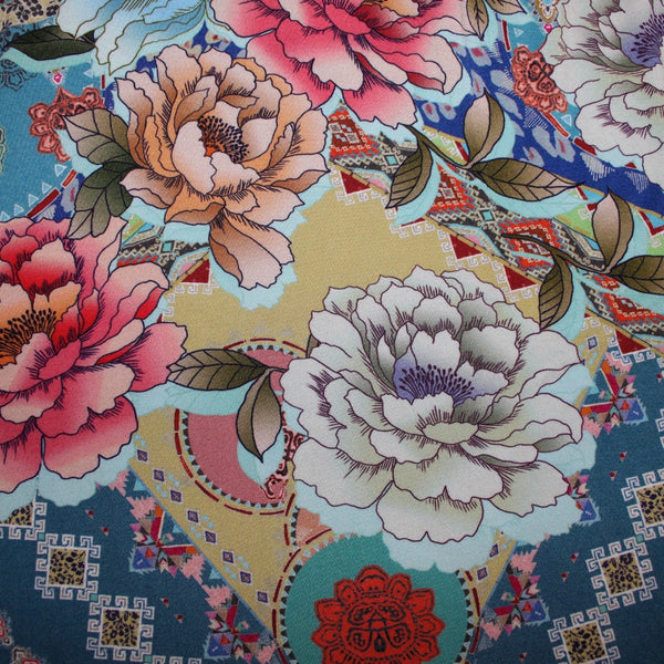 Johnny Was Top Sz S Blue Multi Color Floral Long Sleeve Viscose Bamboo Top