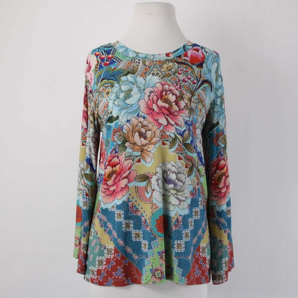 Johnny Was Top Sz S Blue Multi Color Floral Long Sleeve Viscose Bamboo Top