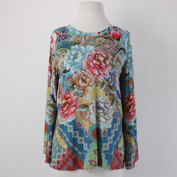 Johnny Was Top Sz S Blue Multi Color Floral Long Sleeve Viscose Bamboo Top