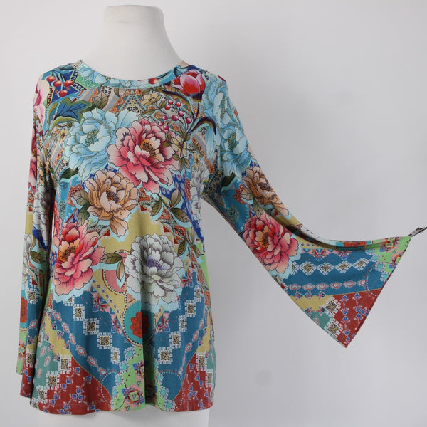 Johnny Was Top Sz S Blue Multi Color Floral Long Sleeve Viscose Bamboo Top