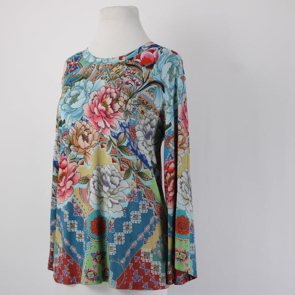 Johnny Was Top Sz S Blue Multi Color Floral Long Sleeve Viscose Bamboo Top