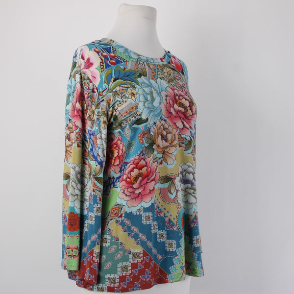 Johnny Was Top Sz S Blue Multi Color Floral Long Sleeve Viscose Bamboo Top
