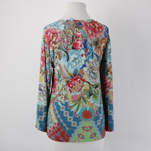 Johnny Was Top Sz S Blue Multi Color Floral Long Sleeve Viscose Bamboo Top
