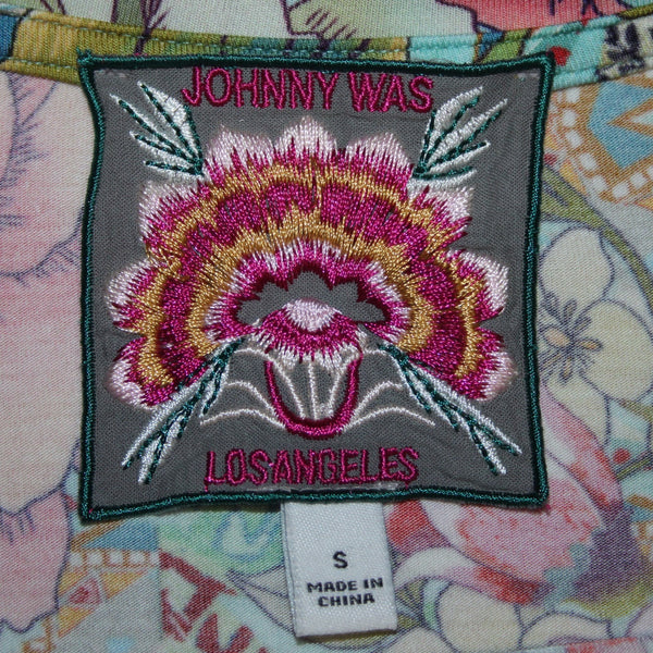 Johnny Was Top Sz S Blue Multi Color Floral Long Sleeve Viscose Bamboo Top