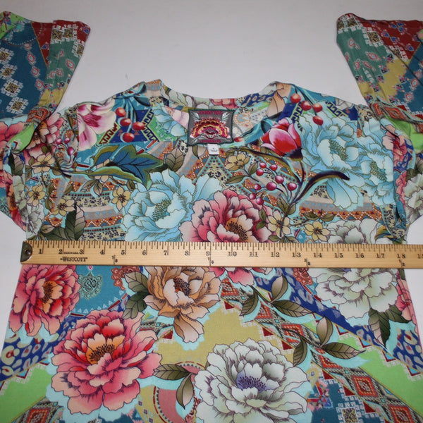 Johnny Was Top Sz S Blue Multi Color Floral Long Sleeve Viscose Bamboo Top