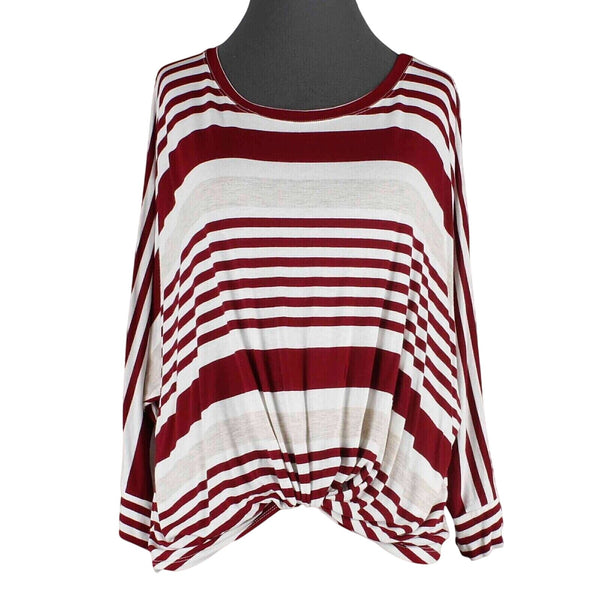 Pure Good Top Sz S Burgundy Cream White Striped Twist Front Jersey Fabric Top