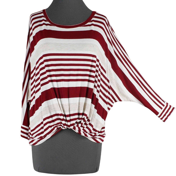 Pure Good Top Sz S Burgundy Cream White Striped Twist Front Jersey Fabric Top