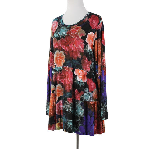 Johnny Was NEW $117 Sz L Black Multi Color Floral Tunic Rayon Spandex Top