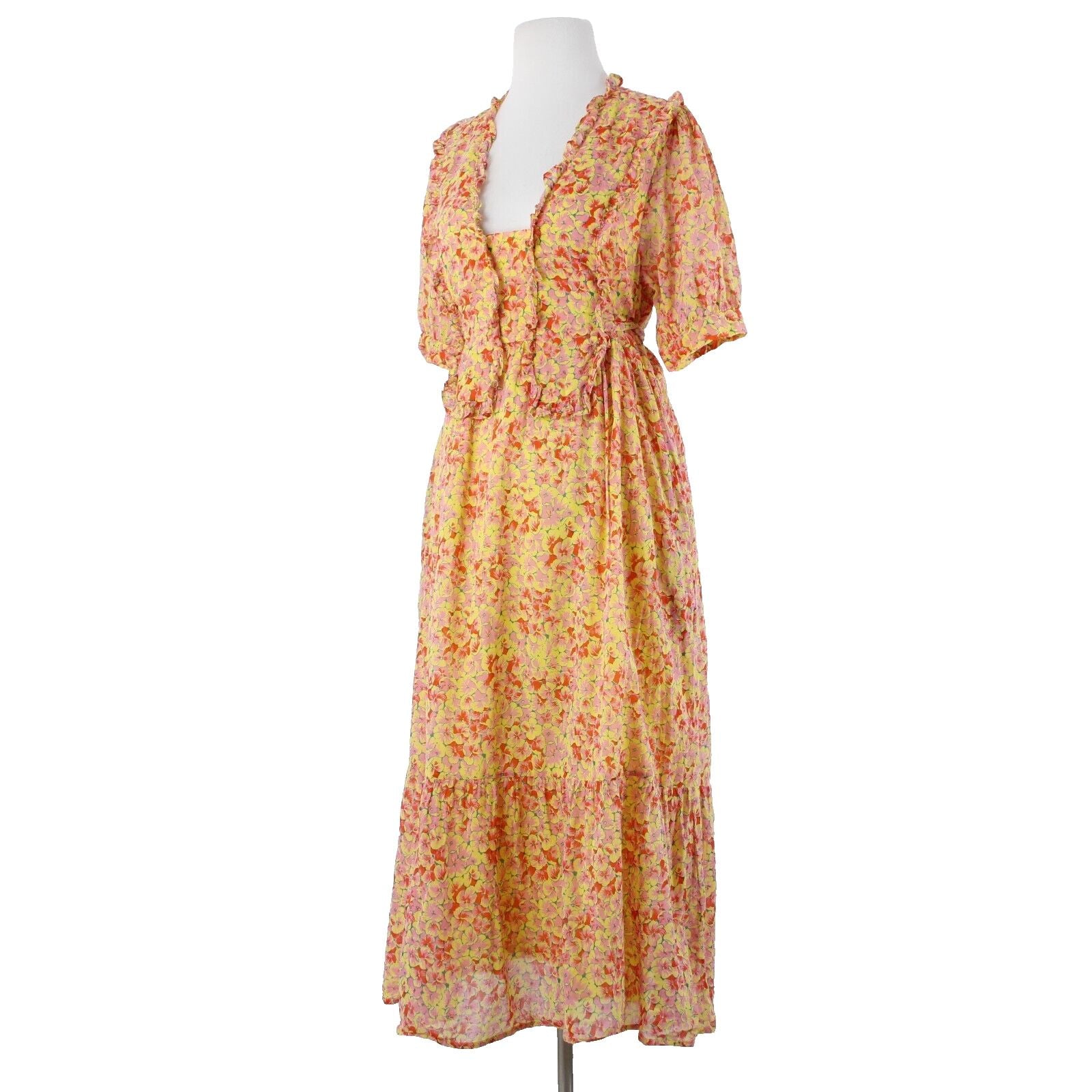 Banjanan Sz L Yellow Lemon Pink Poppy Pleated 100% Cotton Bohemian Dress