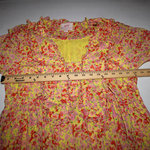 Banjanan Sz L Yellow Lemon Pink Poppy Pleated 100% Cotton Bohemian Dress