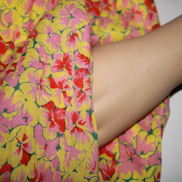 Banjanan Sz L Yellow Lemon Pink Poppy Pleated 100% Cotton Bohemian Dress