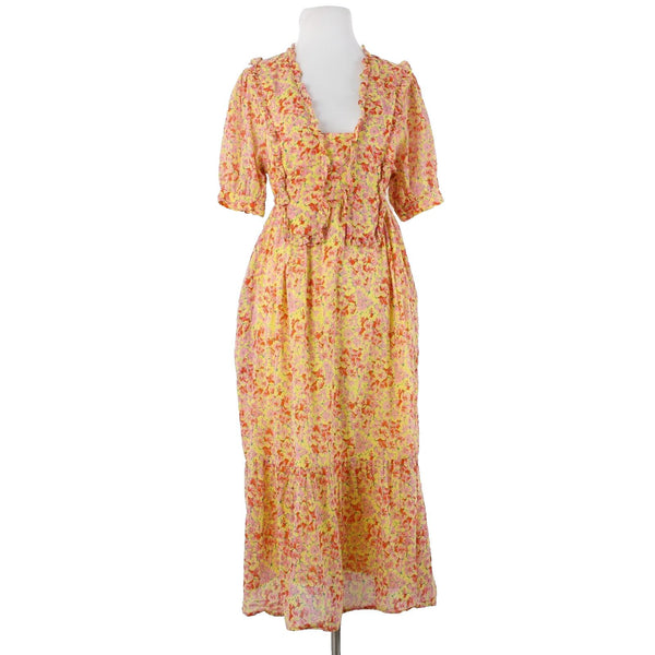 Banjanan Sz L Yellow Lemon Pink Poppy Pleated 100% Cotton Bohemian Dress