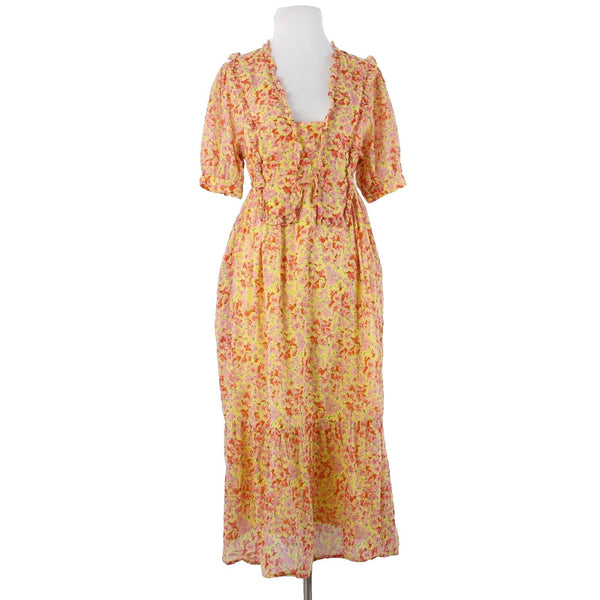 Banjanan Sz L Yellow Lemon Pink Poppy Pleated 100% Cotton Bohemian Dress