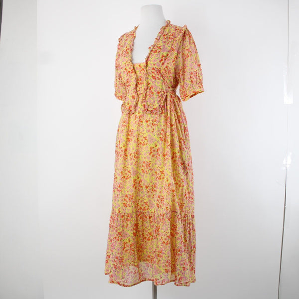 Banjanan Sz L Yellow Lemon Pink Poppy Pleated 100% Cotton Bohemian Dress