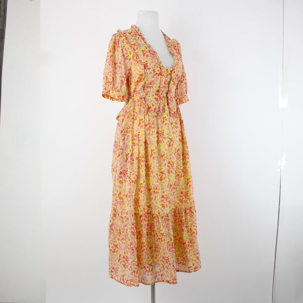 Banjanan Sz L Yellow Lemon Pink Poppy Pleated 100% Cotton Bohemian Dress