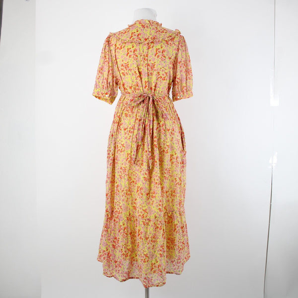 Banjanan Sz L Yellow Lemon Pink Poppy Pleated 100% Cotton Bohemian Dress