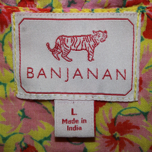 Banjanan Sz L Yellow Lemon Pink Poppy Pleated 100% Cotton Bohemian Dress