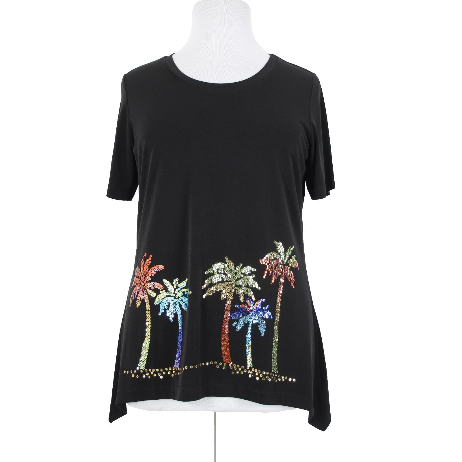 Quacker Factory Dream Knit Sz L Black Multi Color Sequin Polyester Spandex Top