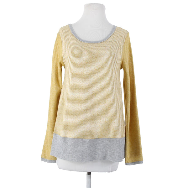Hem Thread Sz S Yellow Gray Striped Peplum Round Neck Poly Cotton Top