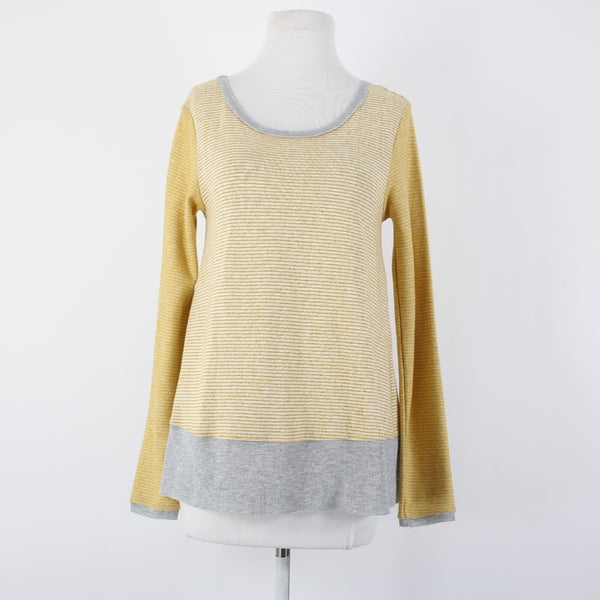 Hem Thread Sz S Yellow Gray Striped Peplum Round Neck Poly Cotton Top