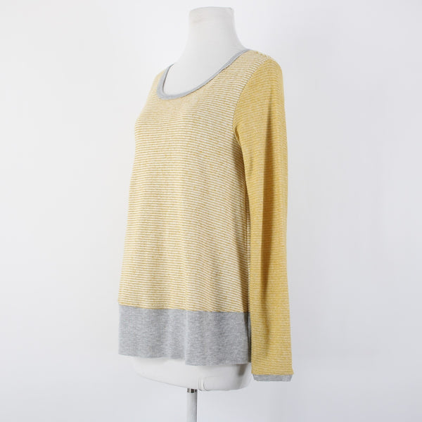 Hem Thread Sz S Yellow Gray Striped Peplum Round Neck Poly Cotton Top