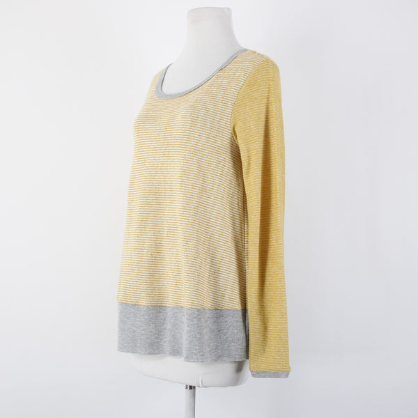 Hem Thread Sz S Yellow Gray Striped Peplum Round Neck Poly Cotton Top