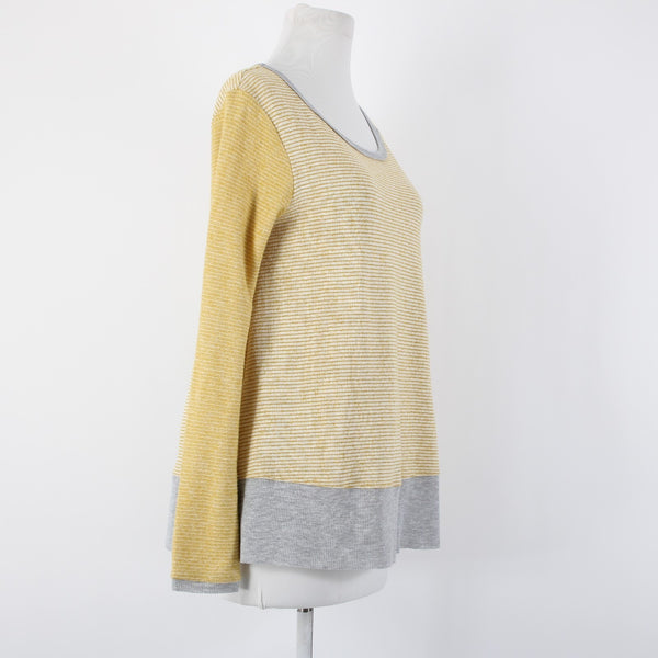 Hem Thread Sz S Yellow Gray Striped Peplum Round Neck Poly Cotton Top