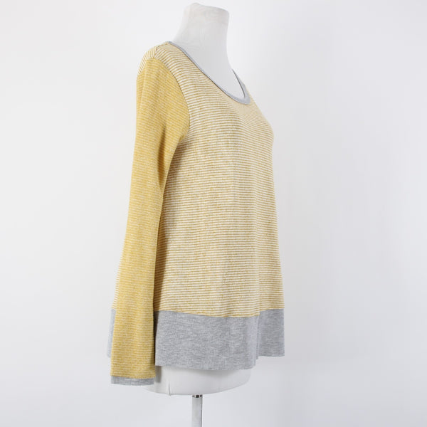 Hem Thread Sz S Yellow Gray Striped Peplum Round Neck Poly Cotton Top