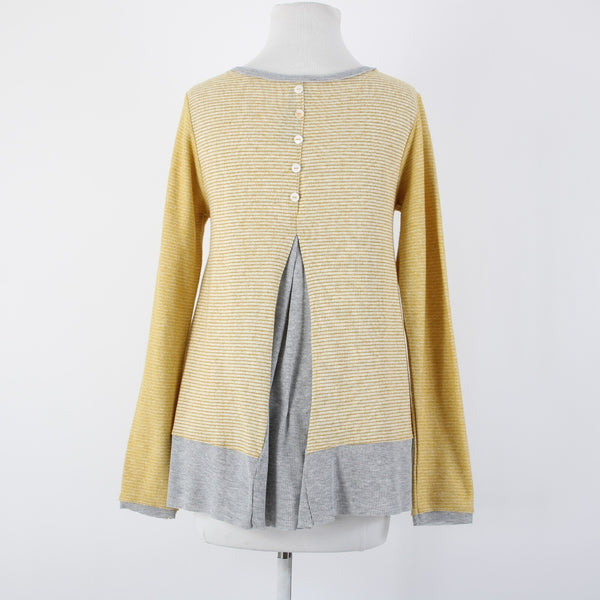 Hem Thread Sz S Yellow Gray Striped Peplum Round Neck Poly Cotton Top