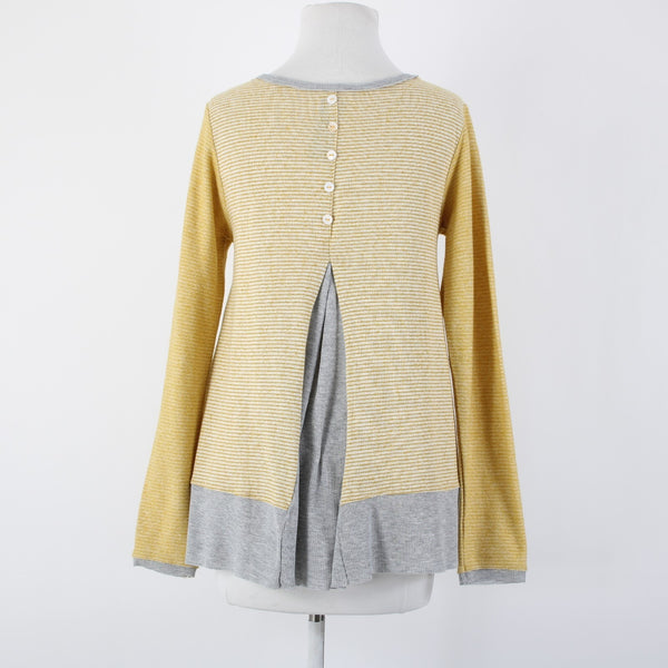 Hem Thread Sz S Yellow Gray Striped Peplum Round Neck Poly Cotton Top