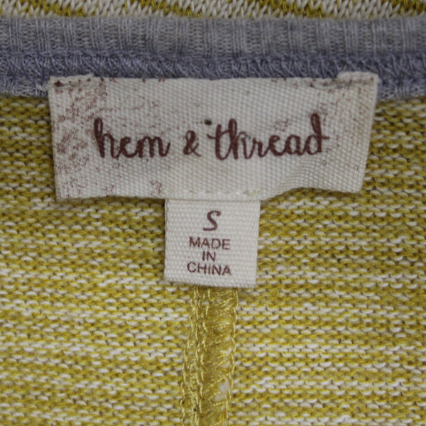 Hem Thread Sz S Yellow Gray Striped Peplum Round Neck Poly Cotton Top