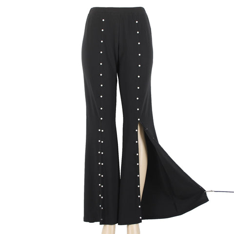 Coco Bianco Sz S Black Split Front Seam Pearl Embellished Polyester Blend Pant
