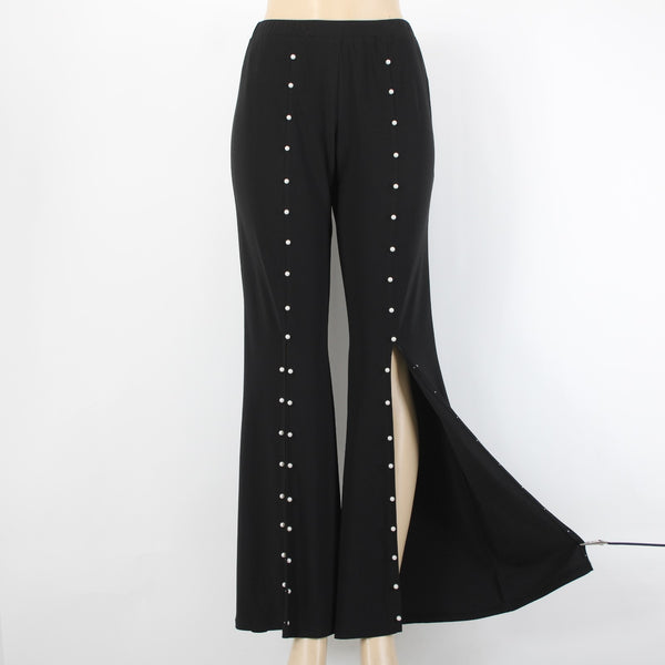 Coco Bianco Sz S Black Split Front Seam Pearl Embellished Polyester Blend Pant