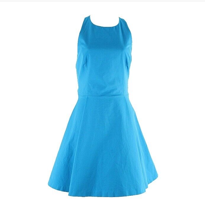 Alice Olivia NEW $330 8 Aqua Blue Open Back Zip Halter Cotton Blend Dress