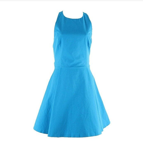 Alice Olivia NEW $330 8 Aqua Blue Open Back Zip Halter Cotton Blend Dress