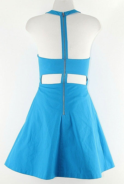 Alice Olivia NEW $330 8 Aqua Blue Open Back Zip Halter Cotton Blend Dress