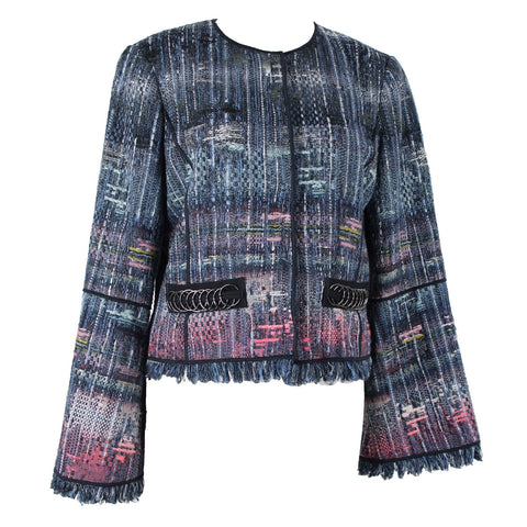 Worth Sz S Navy Blue Multi Snap Fringe Pockets Lined Acrylic Wool Blazer Jacket