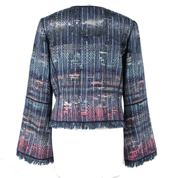 Worth Sz S Navy Blue Multi Snap Fringe Pockets Lined Acrylic Wool Blazer Jacket