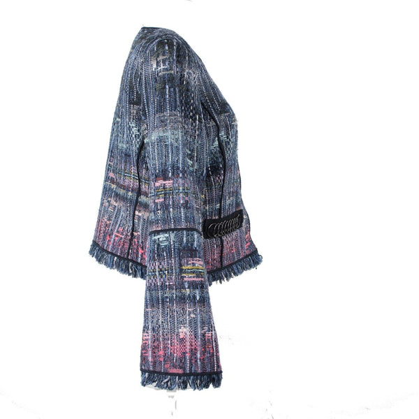 Worth Sz S Navy Blue Multi Snap Fringe Pockets Lined Acrylic Wool Blazer Jacket