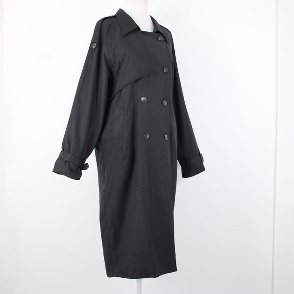 Stella Sz S/M Black Pockets Lined Collared Buttons 100% Polyester No Belt Coat