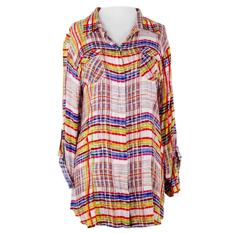 Cabi Sz L Red Multi Plaid Collared Button Up Long Sleeve 100% Polyester Top
