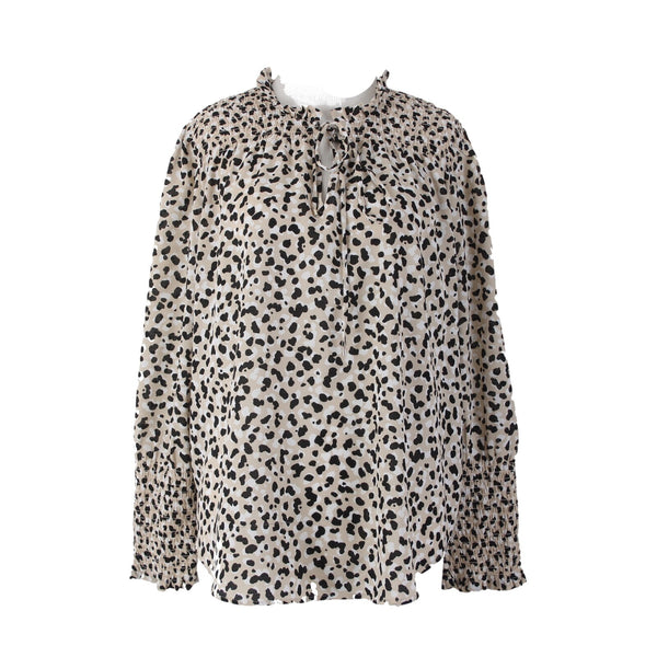 Ann Taylor Top Sz M Brown Black White Animal Print Ruched Neck 100% Poly Top