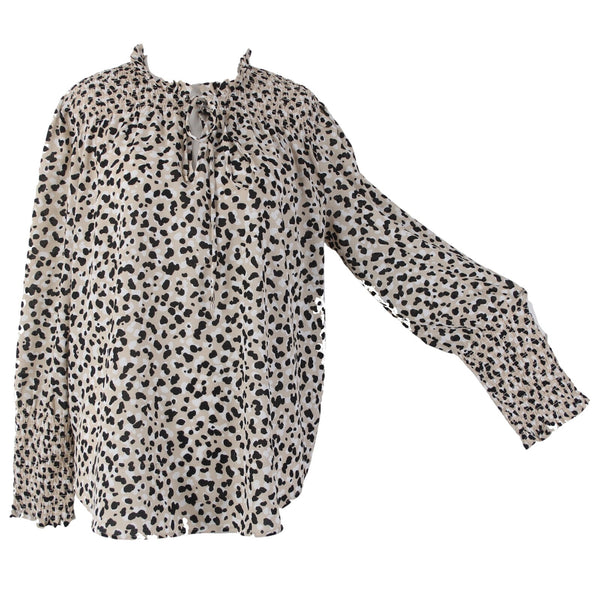 Ann Taylor Top Sz M Brown Black White Animal Print Ruched Neck 100% Poly Top