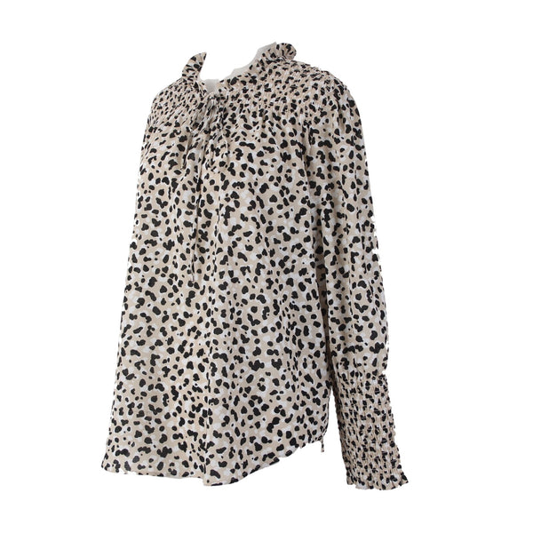 Ann Taylor Top Sz M Brown Black White Animal Print Ruched Neck 100% Poly Top