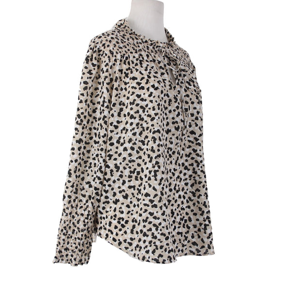 Ann Taylor Top Sz M Brown Black White Animal Print Ruched Neck 100% Poly Top