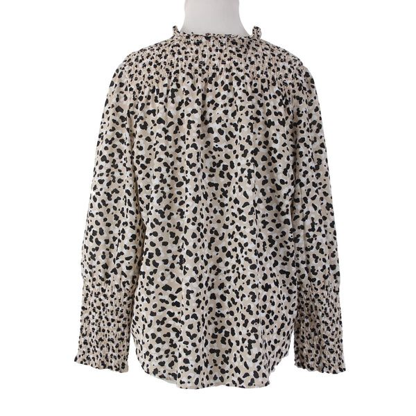 Ann Taylor Top Sz M Brown Black White Animal Print Ruched Neck 100% Poly Top